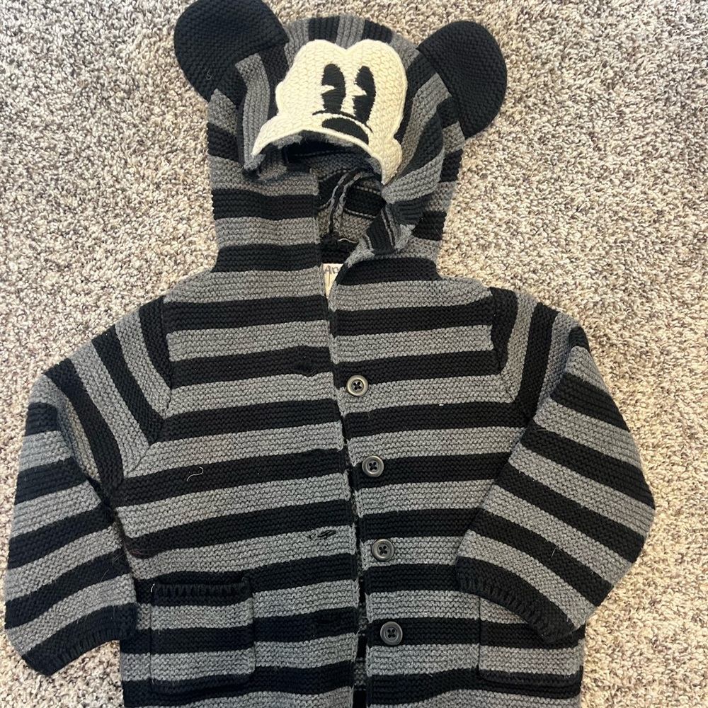 Mickey Mouse Striped Black and Gray Hooded Cardigan with Ears